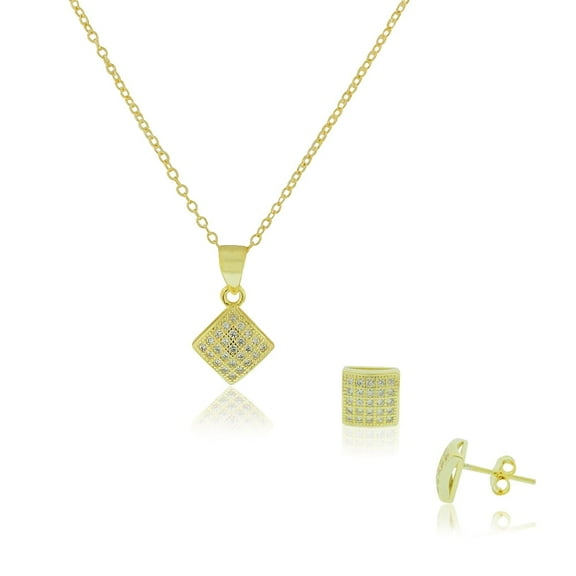 Sterling Silver Square Small Pendant Stud Earrings Jewelry Set, 18"