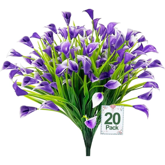 20 Bundles Calla Lily (400 Heads) Artificial Flowers for Outdoors, Fake Plants UV Resistant Faux Plastic Fake Flowers for Indoor Planter Home Porch Yard Spring Summer Cemetery Decor(Purple)