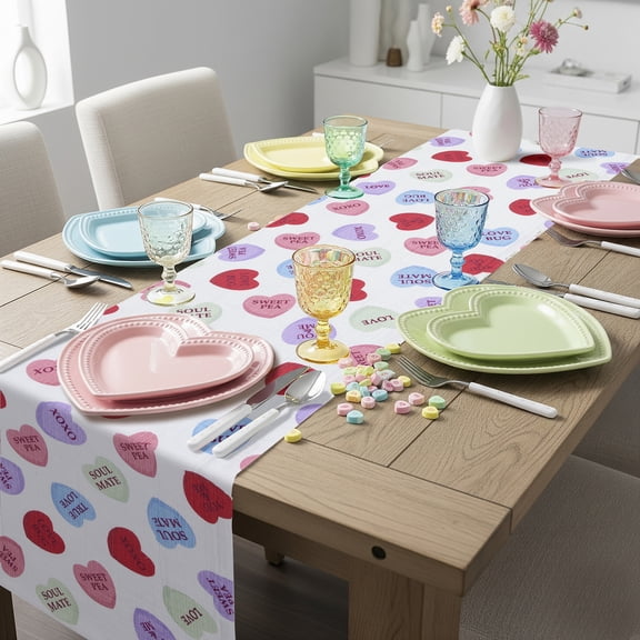 Conversation Hearts Table Runner - 14" x 72" - 100% Cotton, Multi-color