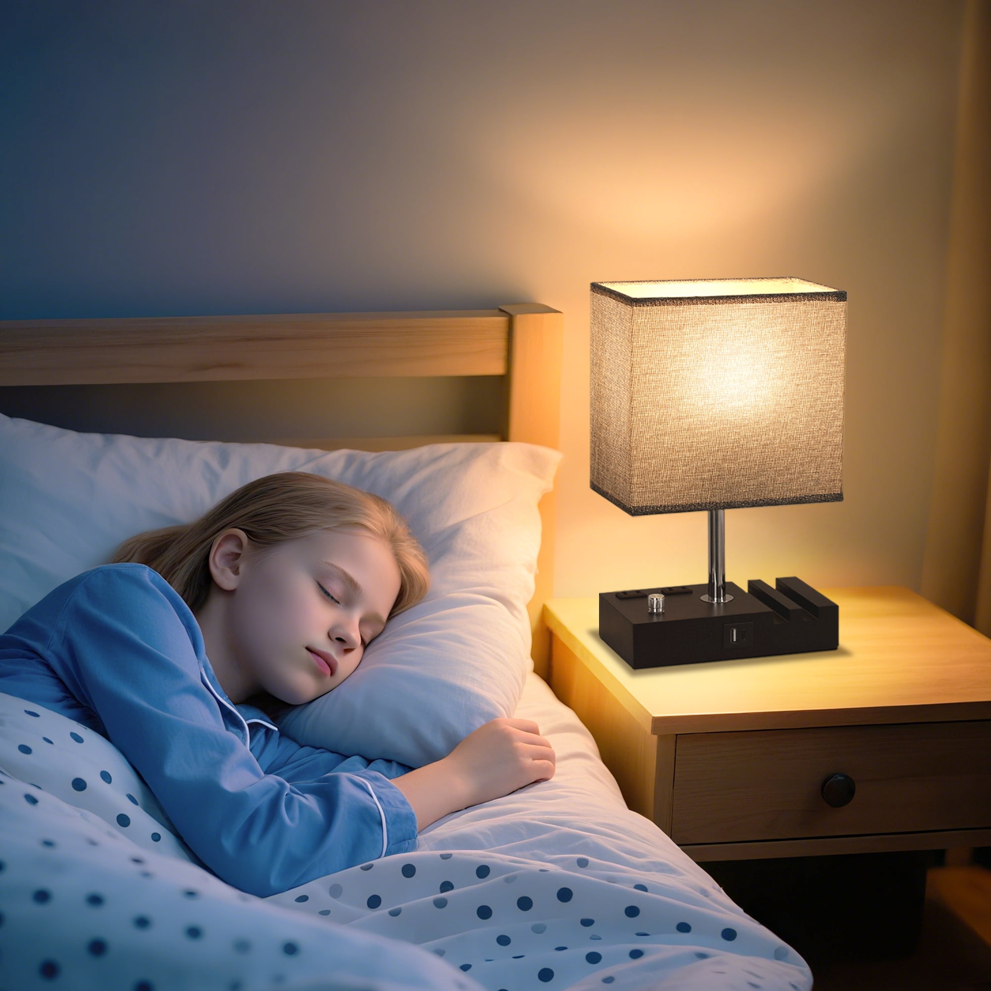 NiteLoom 16.3" Bedside Table Lamp with USB A+C Ports & 2 AC Outlets, Dimmable Nightstand Light for Bedroom, Living Room, Dorm, Office