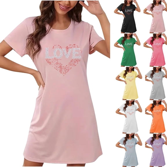 Sakmal Short Sleeve Moomoo Nightgownss Women Valentines Love Cute Sleep Dress Heart Print Short Nightgowns for Women L