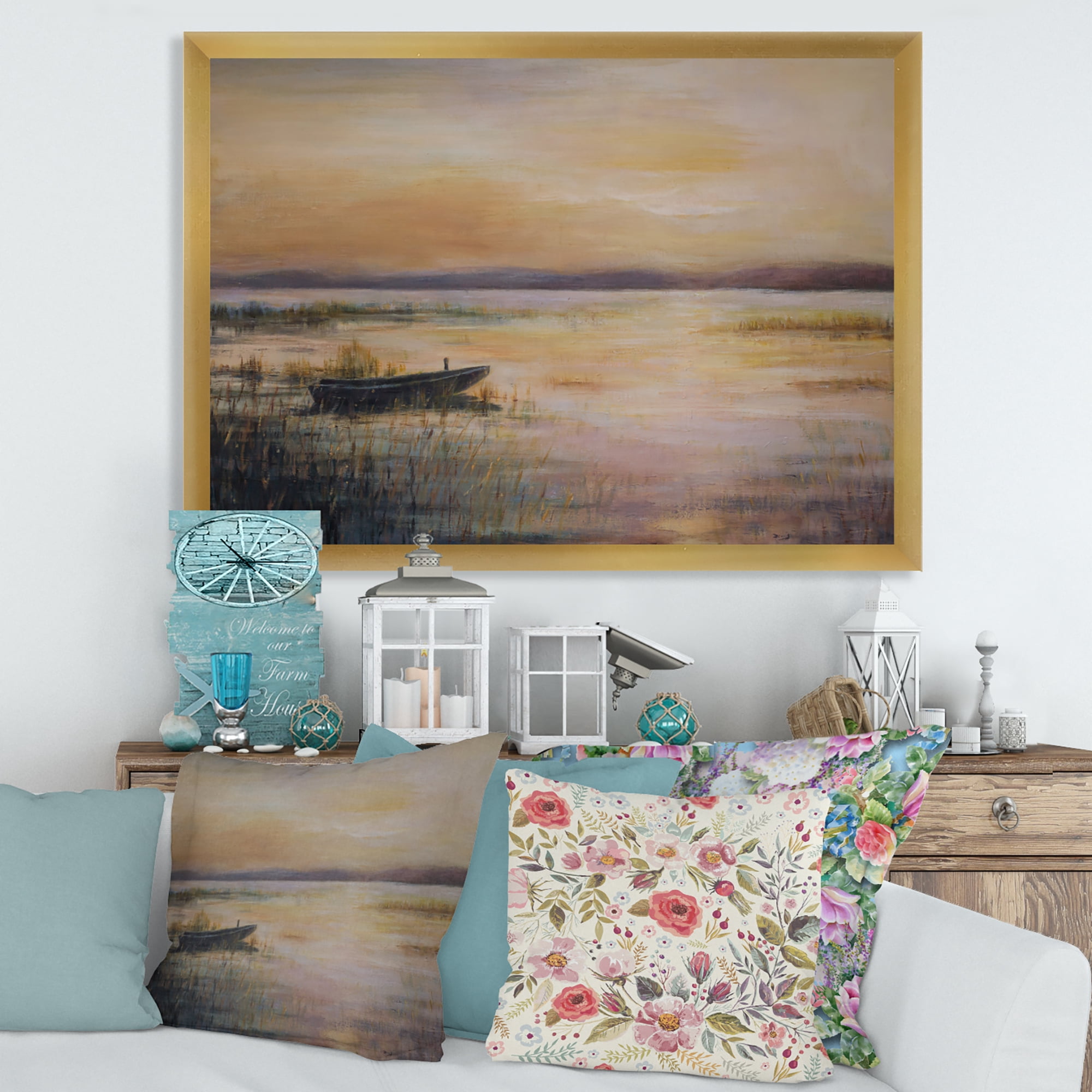 Designart 'Pastel Boat Sunset Over The Lake' Nautical & Coastal Framed Art Print