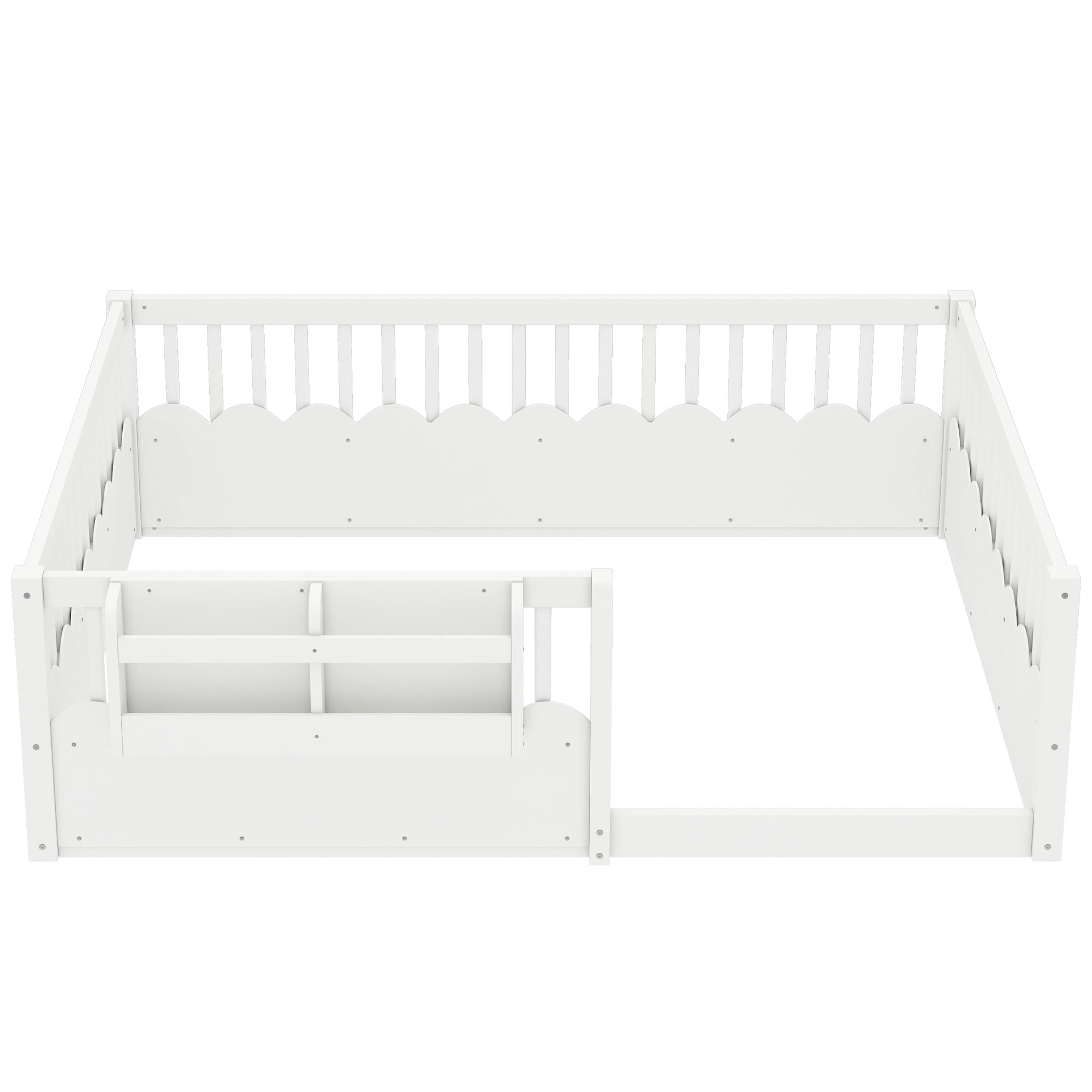Mintazer Full Montessori Floor Bed with Bookshelf & Heightened Fence, Kids Wood Floor Bed for Boys and Girls, White