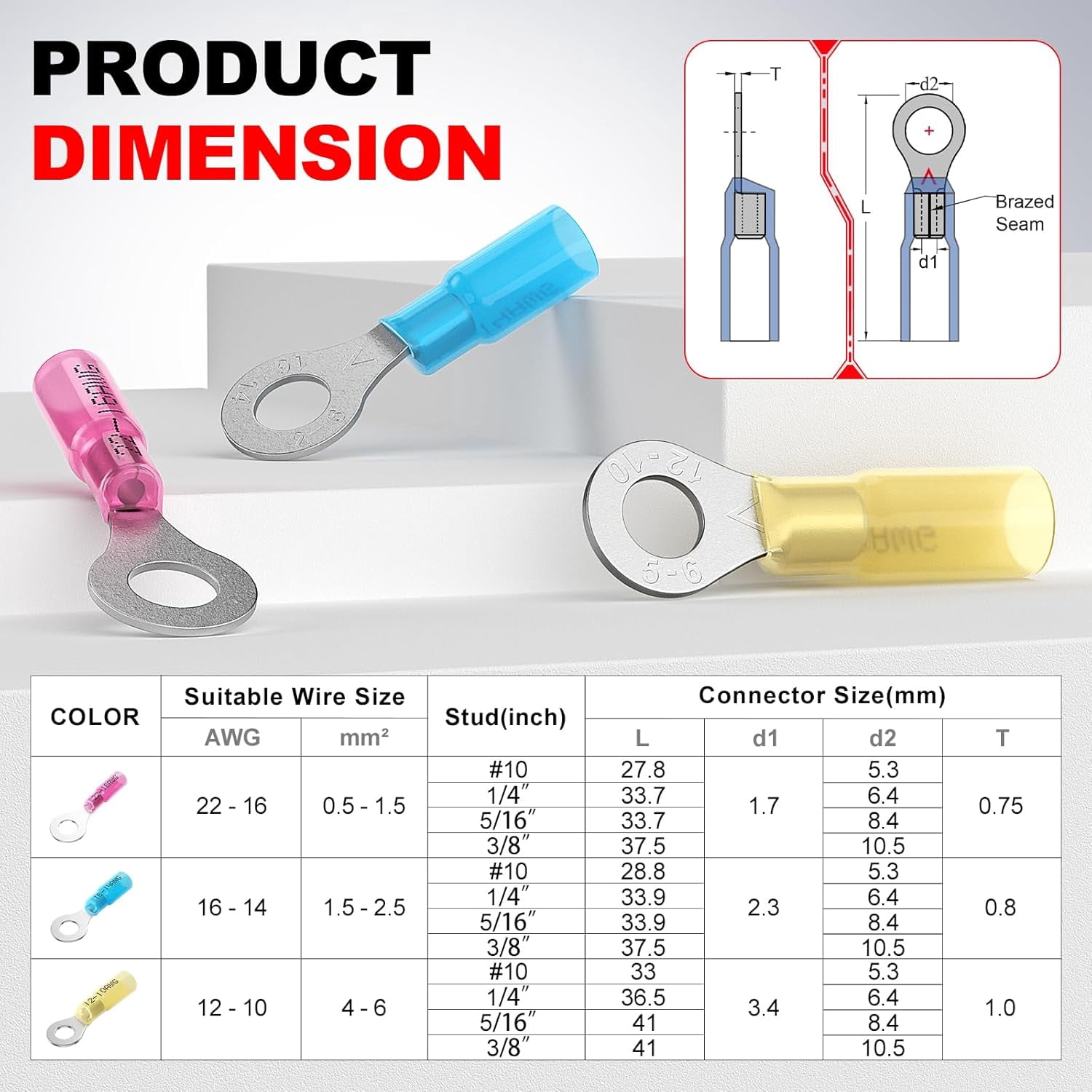 12-10 heat shrink ring terminal kit #10, 1/4 inch, 5/16 inch, 3/8 inch copper terminal connector ends, battery cable wiring terminals, yellow electrical crimp connectors, suitable for 12, 10 AWG wire
