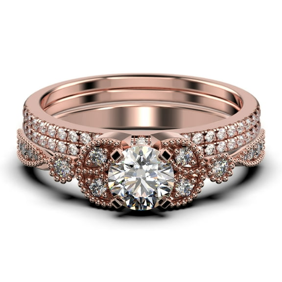 Trio Set 2.50 Carat Round Cut Diamond Moissanite Engagement Ring, Matching Wedding Band in 925 Sterling Silver With 18k Rose Gold Plating, Leaf Ring, Promise Ring, Anniversary Gift