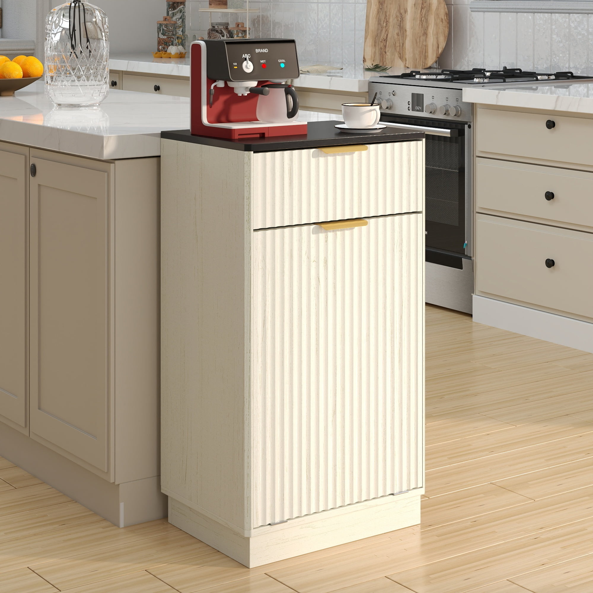 Jopath 10-Gallon Woodgrain Tilt-Out Trash Can Cabinet with Wave-Textured Drawer and Pull-Out Bin for Living room Bathroom Kitchen White 1