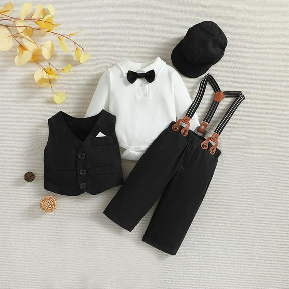 Wancir Baby Boy 4 Piece Formal Outfit Suit Gentleman Dress Shirt Waistcoat Bowtie Tuxed Pants Hat Set for Wedding 0-2T