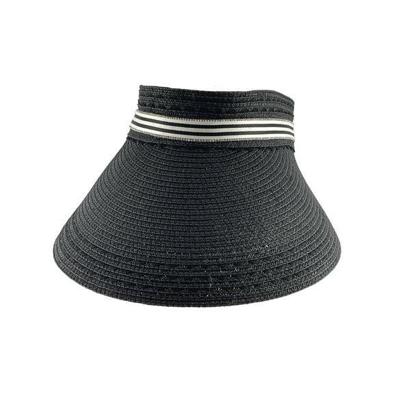 Top Headwear Womens Straw Wide Brim Black Stripe Summer Sun Hat - Black