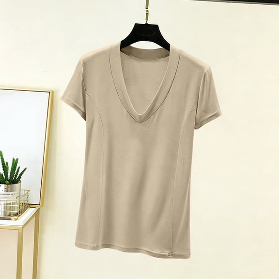 Mifsaly Plus Size Womens Deep V Neck T-Shirt Slim Fit Short Sleeve Summer Tops Soft Lightweight Stretchy Seamless Basic Tees Beige,XXXXL