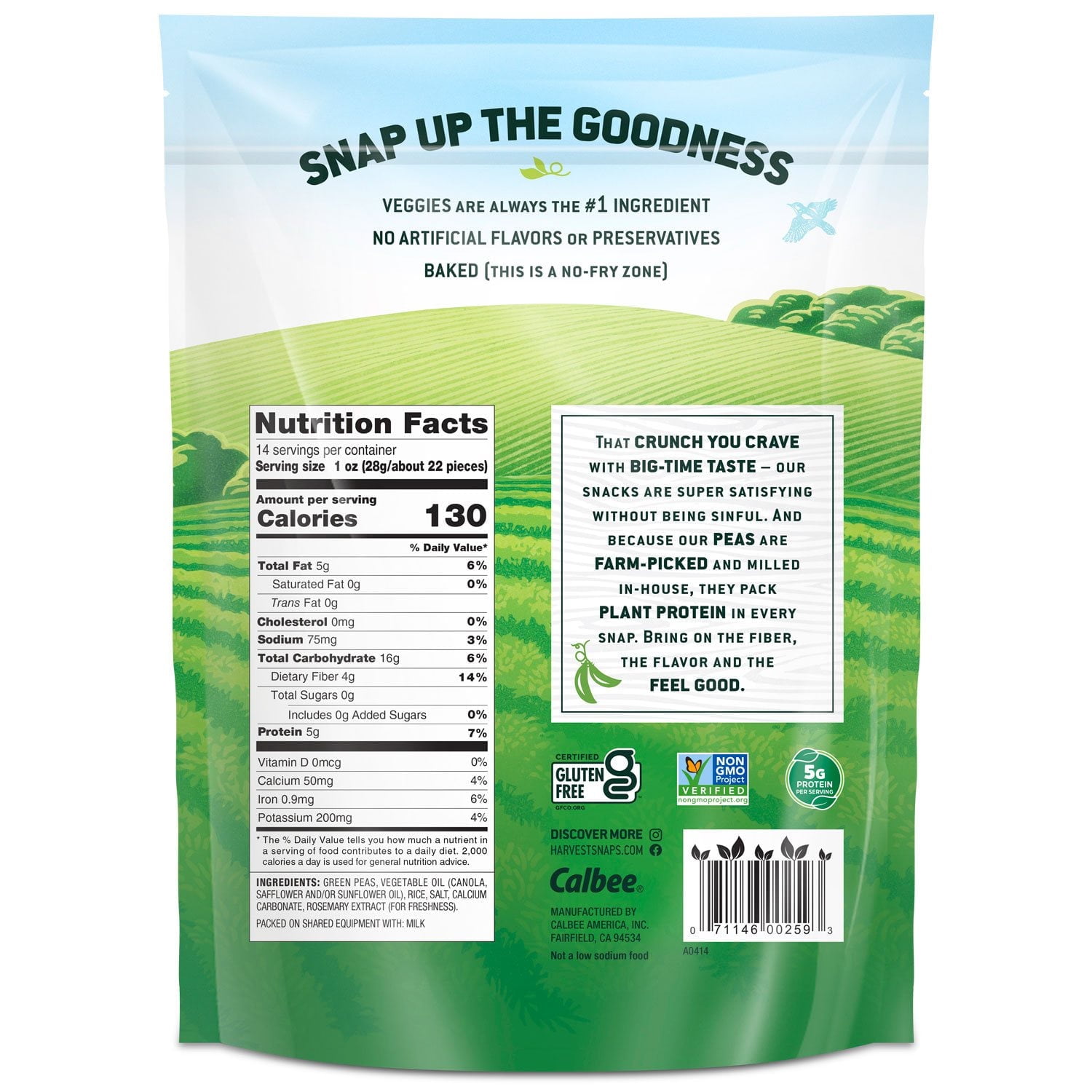 Harvest Snaps Baked Green Pea Crisps, Healthy Crunchy Snack, 14 oz. With White Bowl By OMA