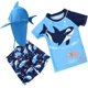 thumbnail image 1 of Traje de baño de dos piezas para bebés y niños pequeños, traje de baño con estampado de cangrejo, protección contra erupciones y gorro UPF 50+, 1 of 7
