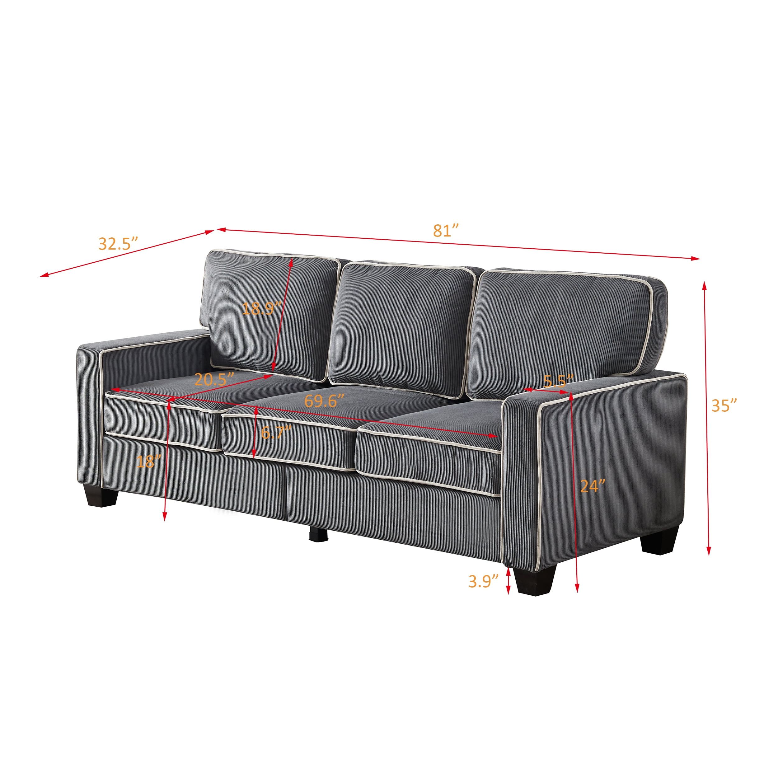 DEALTOPS Modern Sectional Sofa Corduroy Upholstered Sleeper Sofa Couch 3 Seater Sofa Chair for Living Room - Gray