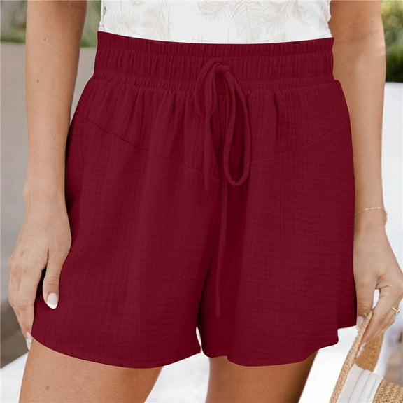 Edvintorg shorts women plus size clearance Women's Fashion Solid Color Casual Wide Leg Loose High Waist Lace-Up Shorts Pants Wine XXXL