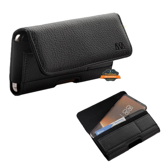 For Apple iPhone 15 Plus /15 Pro Max PU Leather Universal Horizontal Pouch Holster Wallet Credit Card Slots & Belt Loop Clip Carrying Phone (Fits 6.7 inch Phone) - Black