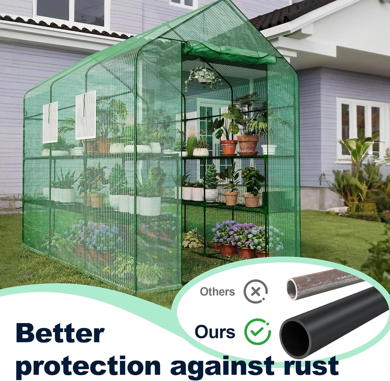 Lumiparty Large Outdoor Walk-In Greenhouse with 6-Tier Shelves, 85"x56"x77", Weatherproof, UV Protected, for Backyard & Patio, Green