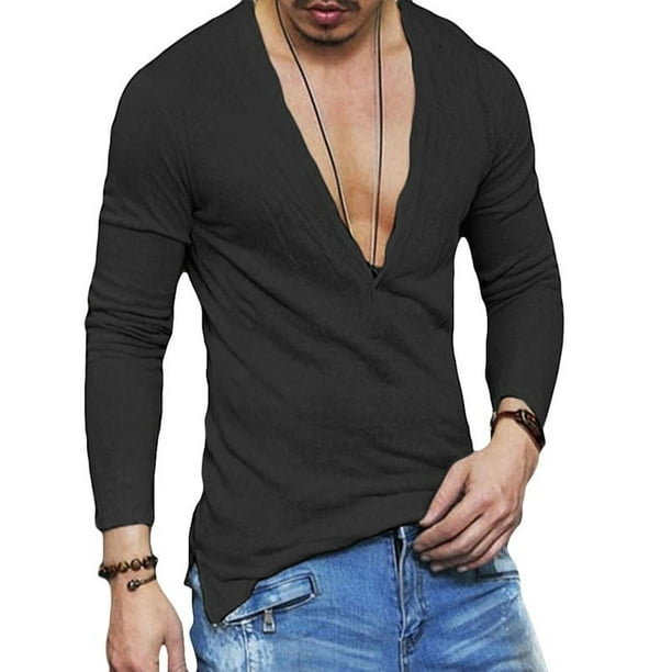 Men's Deep V Neck Summer Long Sleeve T-shirt Basic Tee Shirt Casual Slim Fit