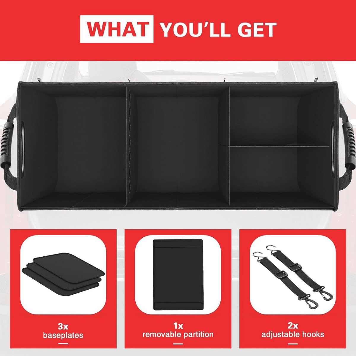 DUANJY Large Car Trunk Organizer with 5 Compartments Trunk Organizers and Storage, Reinforced Handle, Securing Straps, Trunk Organizer Available for Car, SUV, Minivan