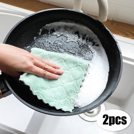 2PCS Dish Cloth Double-sided Two-color Dish-washing Towel Coral Fleece Hanging Cloth Scouring Pad Cleaning Cloth DOPI