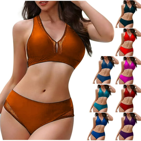 UTSJKR Cute Bikinis Sets for Women V Neck Triangle Top Wide Straps Swimsuit Two Piece Full Coverage Bathing Suits 2025 Blue XL