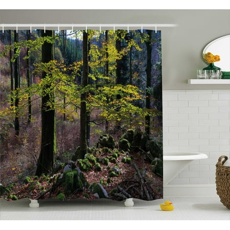 69w wilderness 75l hooks rural scenery curtain woods inches eco growth autumn trees forest shower bathroom fabric season natural pale