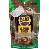 Dad’s® Old Fashioned Holiday Root Beer Barrels Hard Candy, 6oz Resealable Bag with individually wrapped hard candy.