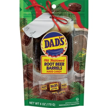 Dad’s® Old Fashioned Holiday Root Beer Barrels Hard Candy, 6oz Resealable Bag with individually wrapped hard candy.