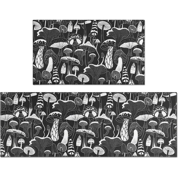 Mushroom Kitchen Rugs Sets of 2, Black White Vintage Farmhouse Home Kitchen Rugs and Mats, Washable Non Skid Absorbent Microfiber Kitchen Floor Decor Mat 17"x 47" 17"x 30"