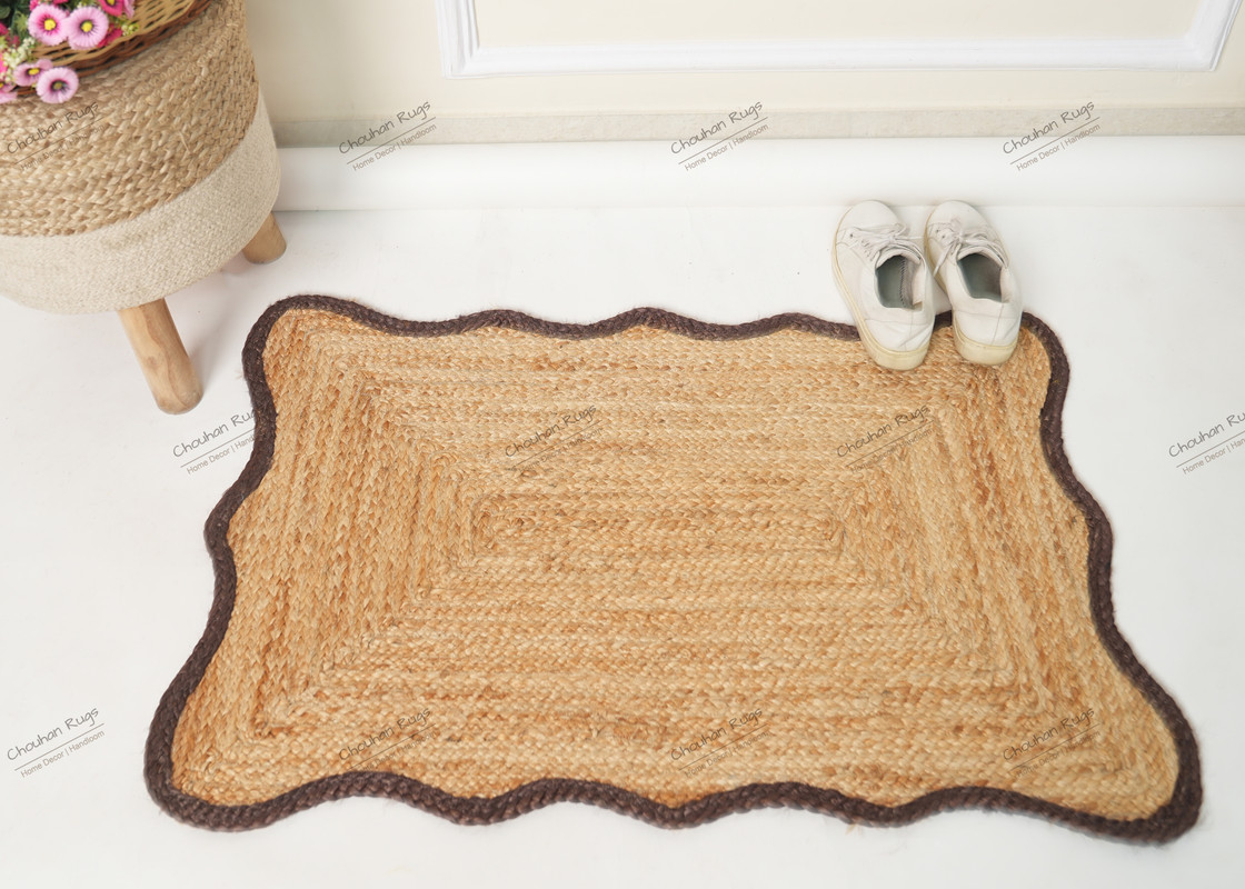Hand Braided Beige Color Natural Jute Rug Scalloped Area Rug Rectangle Rug