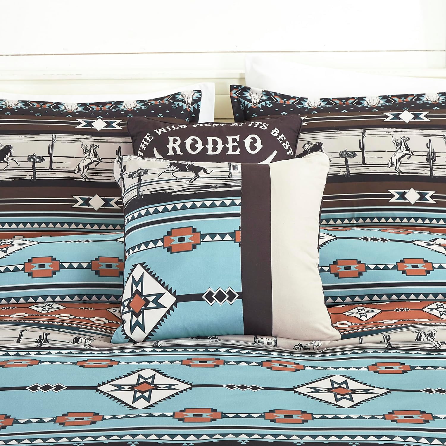 Chezmoi Collection Boone 7-Piece Southwestern Cowboys Rodeo Comforter Set, Multicolor Blue Brown Beige Clay Printed Washed Microfiber Bedding, California King