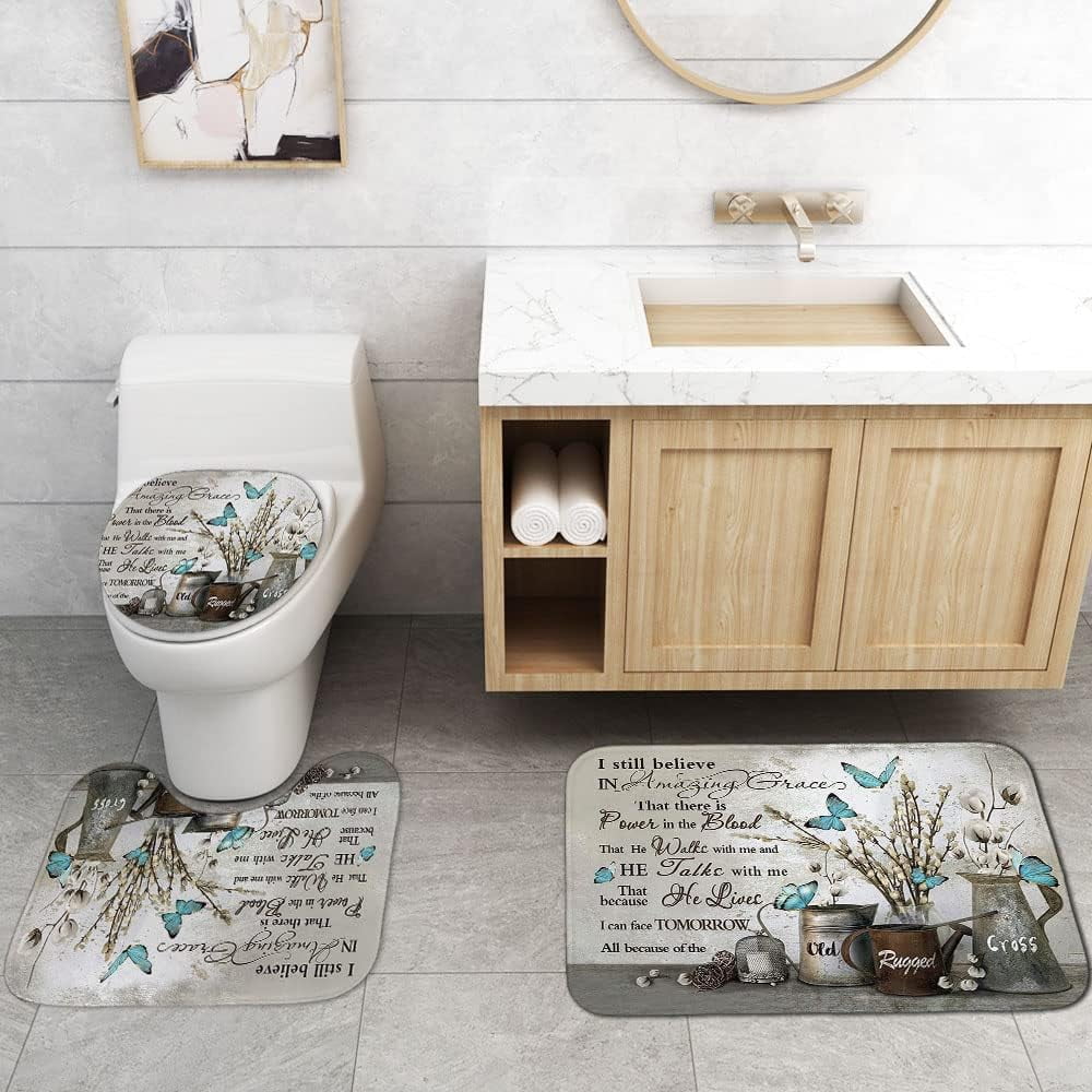 4PCS Farmhouse Shower Curtain Set, Bless This Home Cotton Flower Teal Pitcher Vase Moroccan Country Rustic Bathroom Decor, Waterproof Fabric White Shower Curtain, Non-Slip Bath Mat Toilet Rug