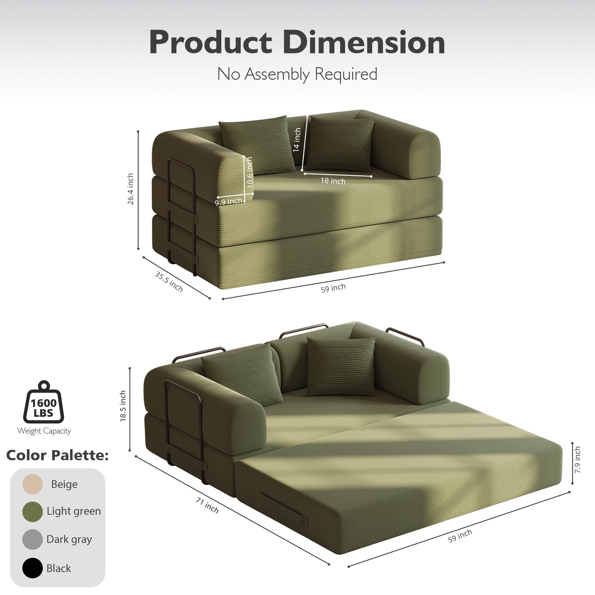 59in Convertible Sofa Bed Corduroy Boneless Couch Bed Foldable Sofa Bed Pull Out Bed Futon Sleeper Sofa No Assembly