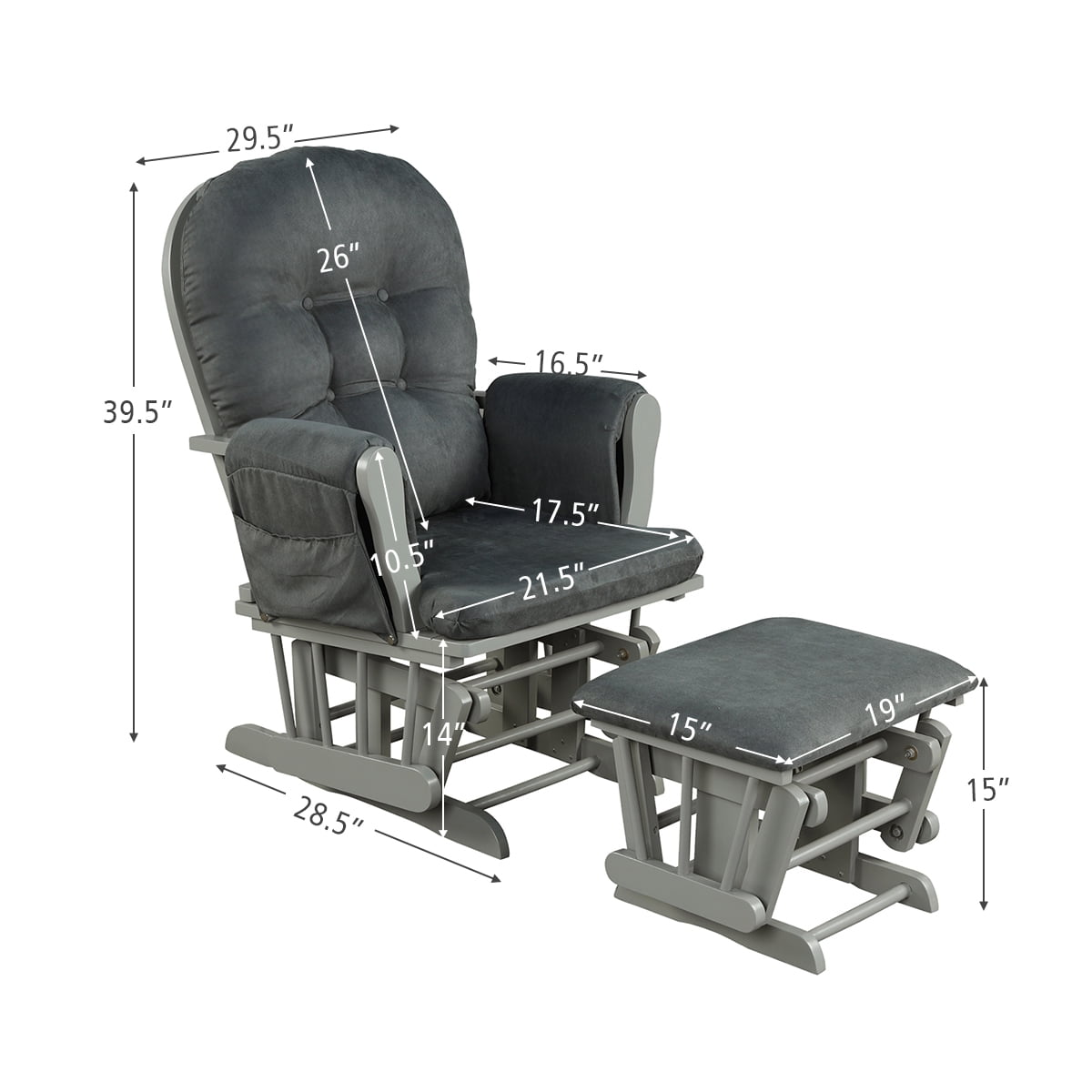 Topbuy Rocking Chair Baby Nursery Chair Glider with Ottoman &Storage Pocket Gray Finish w/ Dark Grey