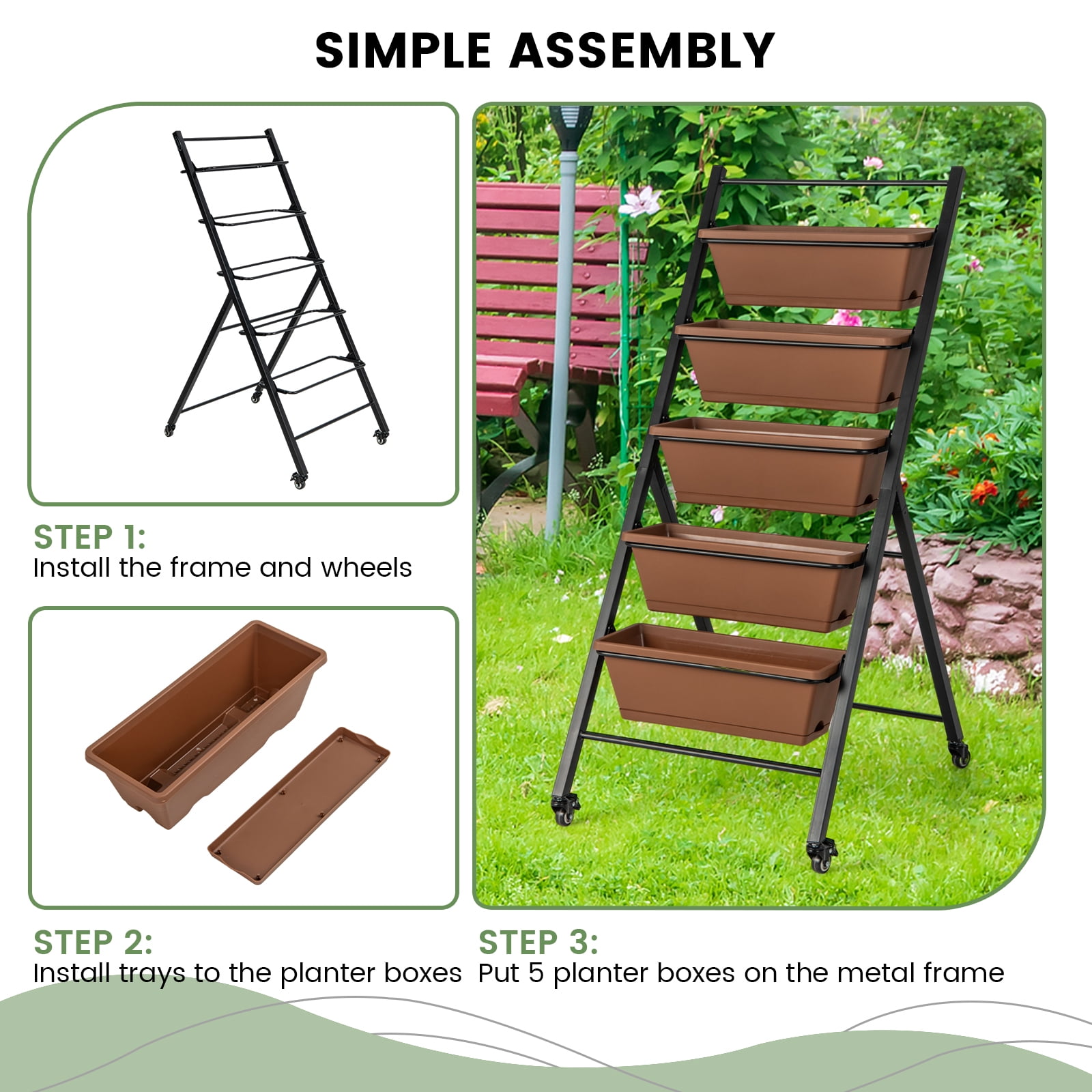 Patiojoy 5-Layer Vertical Raised Garden Bed with Wheels Drainage Holes Freestanding Planter with Container Boxes Brown