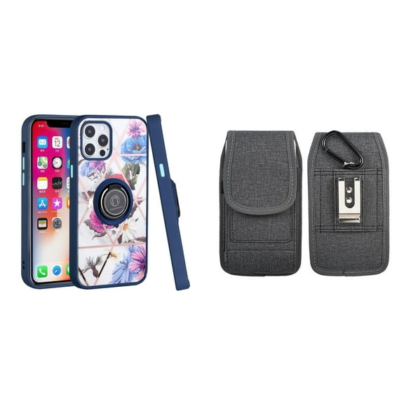 Bemz Ring Series Case for iPhone 14 Pro Max (TPU Silicone Cover with Magnetic Stand) and Vertical Nylon Fabric Belt Holster Pouch (Blue Purple Flowers/Grey)