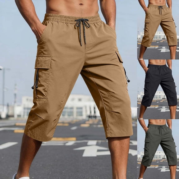 CIAKGIAF Mens Capris Casual Comfortable, Elastic Waist with Pockets Sporty 7/8 Length Cargo Pants Khaki L