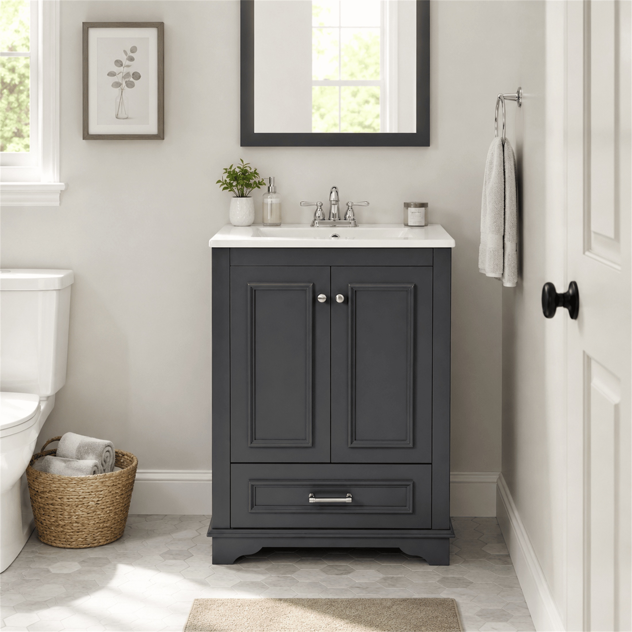Homy Casa 24" Bathroom Vanity with Ceramic Sink, 2 Doors and Drawer for Small Bathroom, Dark Gray