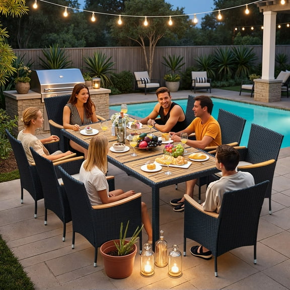 Lacoo 9 Pieces Patio Furniture Set with Acacia Wood Tabletop and Rattan Chairs, Outdoor Dining Table Set with Comfortable Beige Cushions, Black Wicker