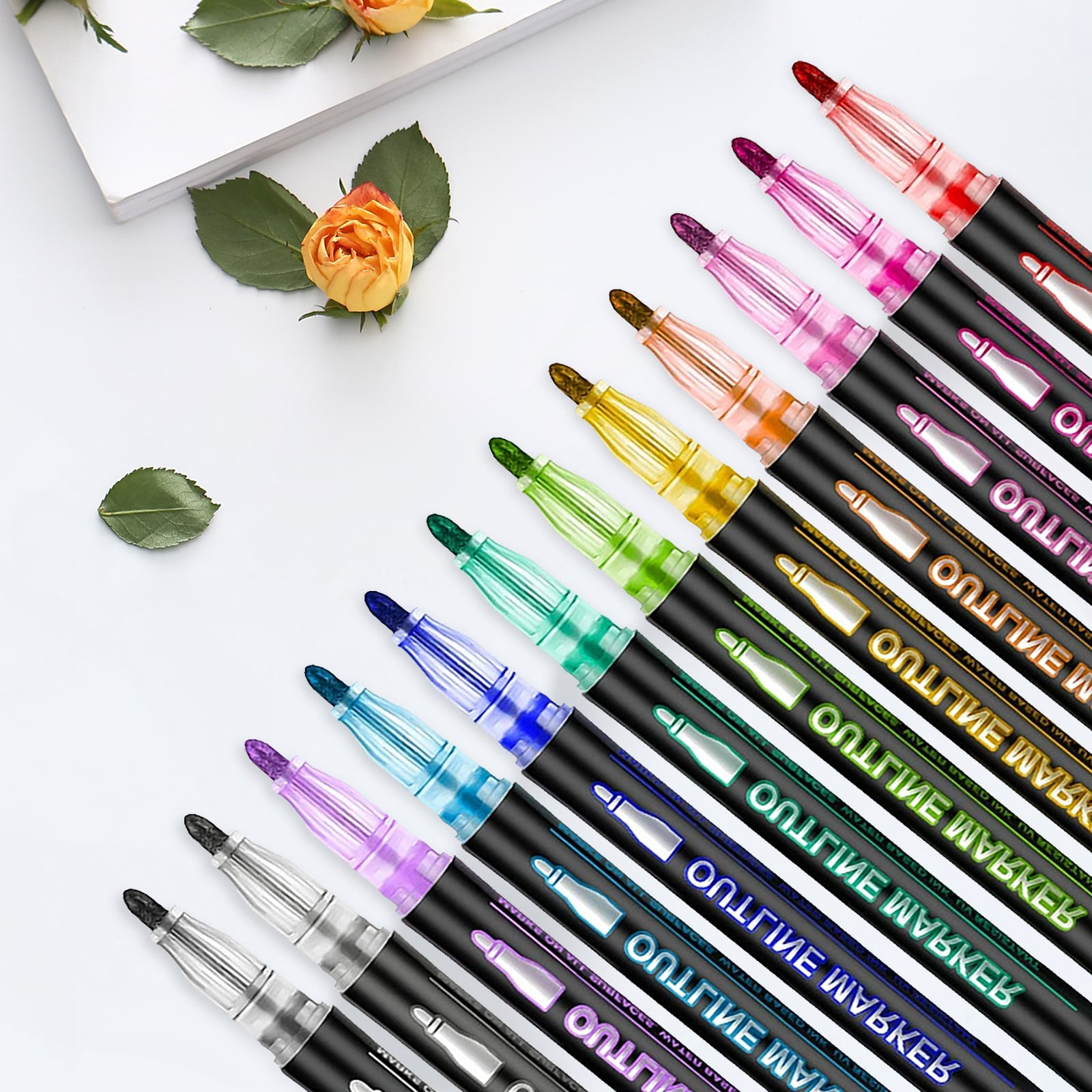 Dual-Line Contour Pen Set with Metallic Outline, Double Line Outline Art Pen, Quick-Dry Ink for Drawing, Coloring & DIY Crafts, 60 Colors, 9.25x5.35"