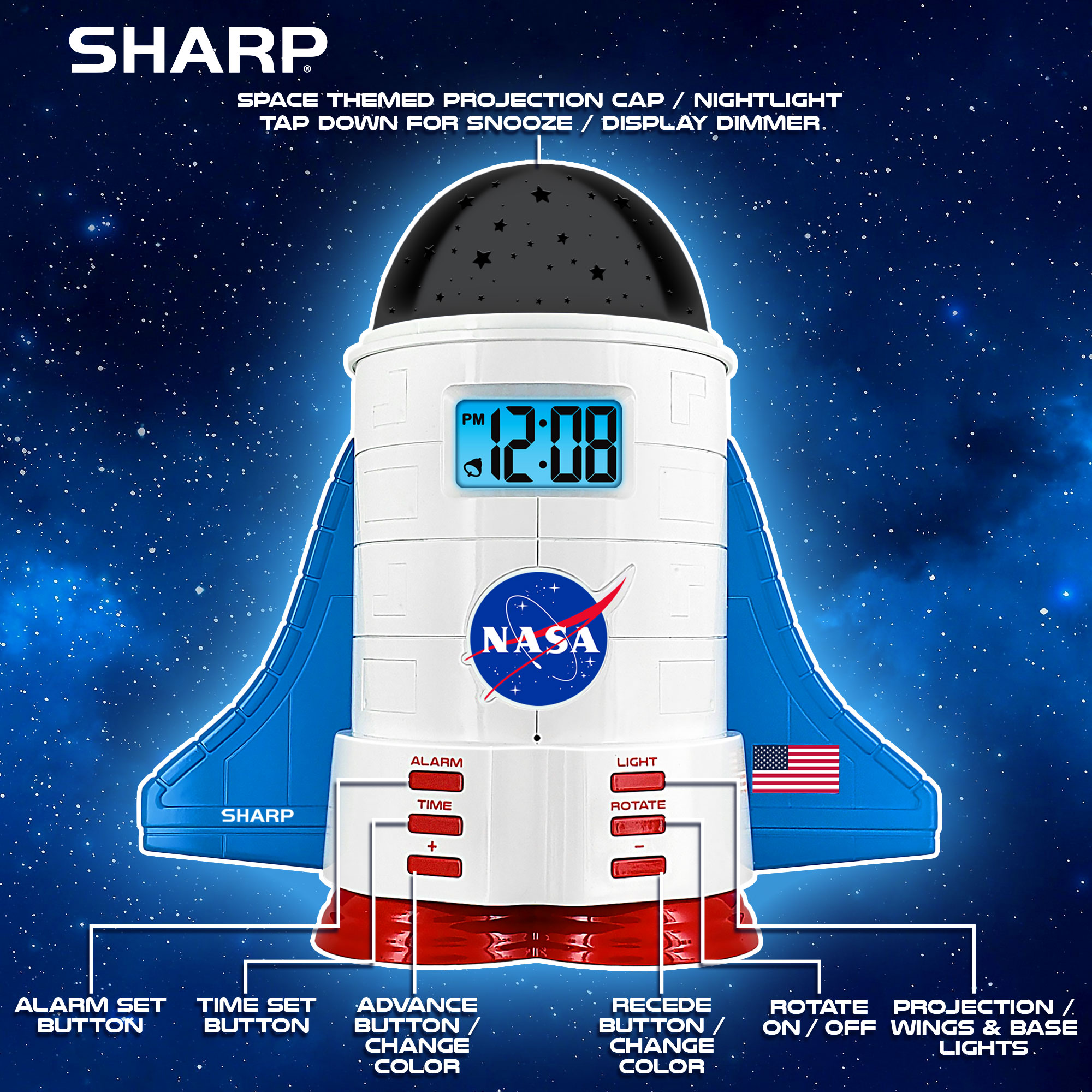 Sharp NASA Space Shuttle Night Light LCD Clock, Nightlight with 4 Color Options, 2 Space Themes - image 3 of 8