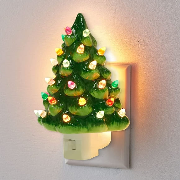 WJCA Christmas Snow Covered Ceramic Tree Night Light - Multicolor Bulbs, 360° Swivel Plug with Switch, Home/Bathroom/Bedroom Decor