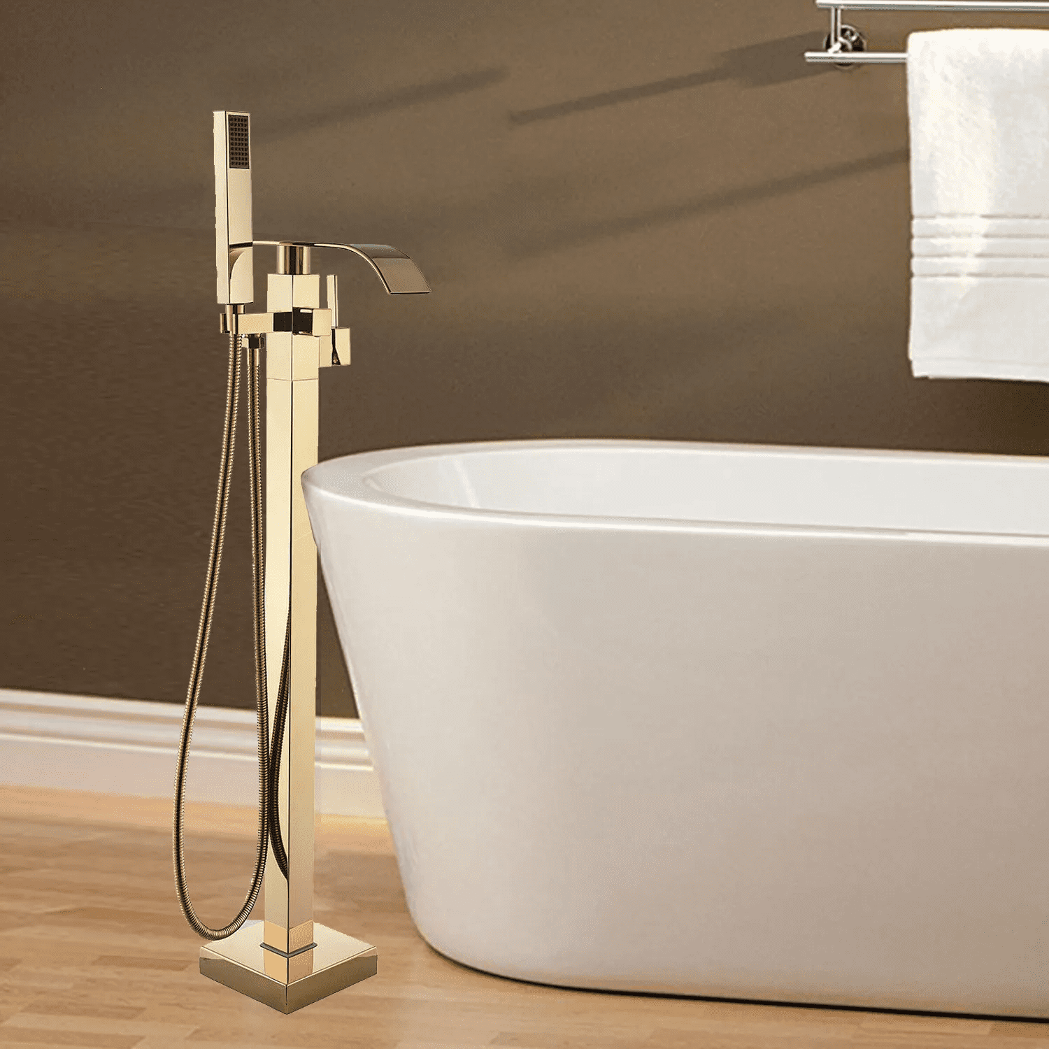 Golden Floor Mounted Bathtub Faucet Free Standing Tub Filler W/Hand Sprayer