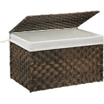 Wicker Storage Basket with Lid, 27.7 Gallon (105L) Large Blanket Basket with Lid, Woven Storage Bin with Handles, Removable Liner, Metal Frame, Foldable, for Bedroom, Laundry Room, Brown