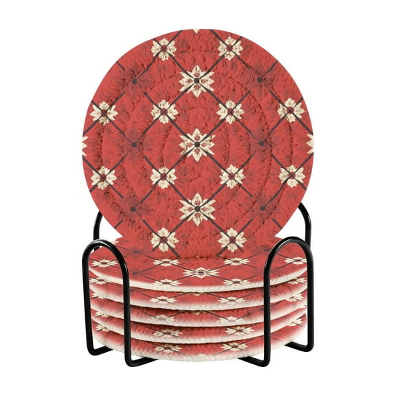 Red Plaid Drink Coasters with Holder Absorbent Coaster for Coffee Table Room Decor 6 Pack