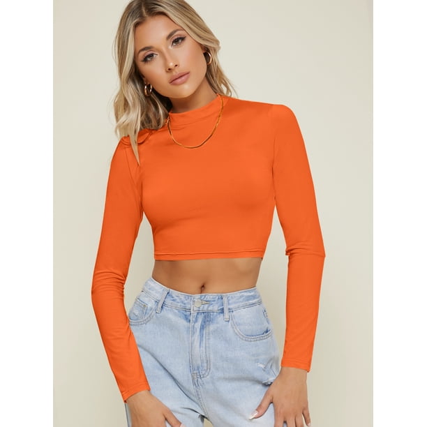Sexy Women s Form Fitting Mock Neck Crop Top 2022 Orange XS 2 S046X 