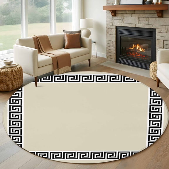 8ft Round Rug, Beige Non-Skid Rubber Backing Large Area Rugs - Living Room Bedroom Home Office, Black Modern Geometric Abstract Art Aesthetics Indoor Floor Mat Carpets Washable Rug