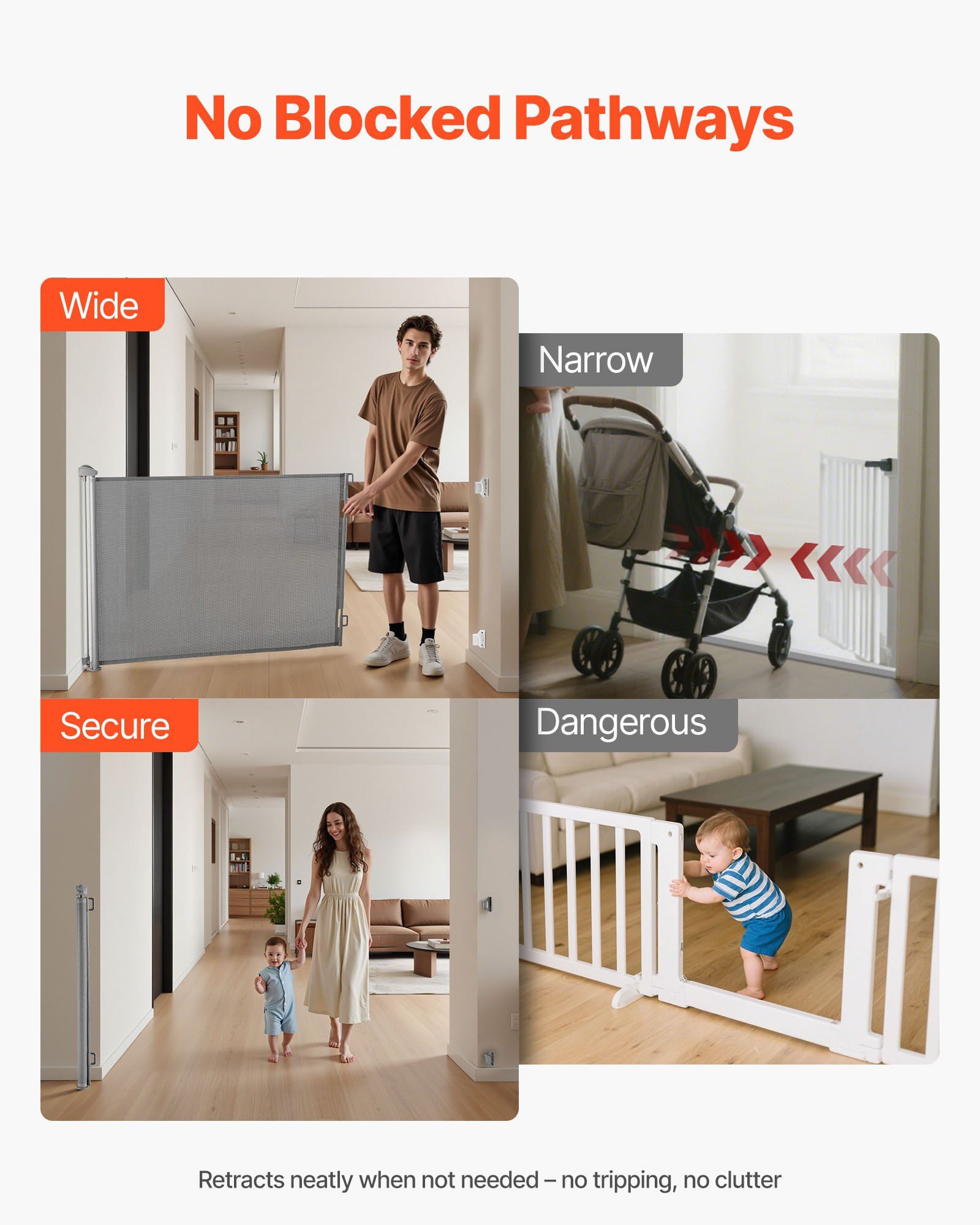 Retractable Baby Gate 57 Inch Wide 38.5 Inch Tall Security Lock Easy Walk Through Mesh Dog Gate for Stairs Hallways Indoor Outdoor Gray
