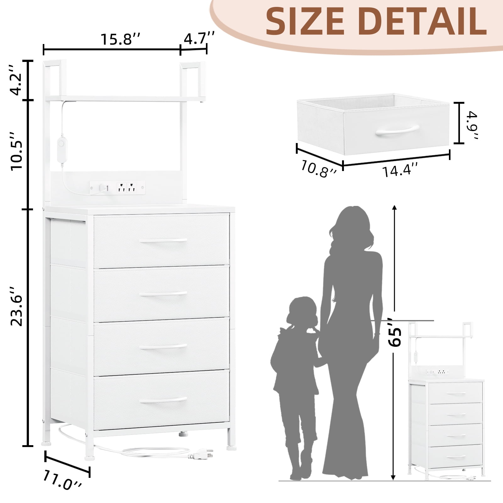 Eunos Tall Nightstand with Charging Station, White Dresser with 4 Drawers and Storage Shelves for Bedroom
