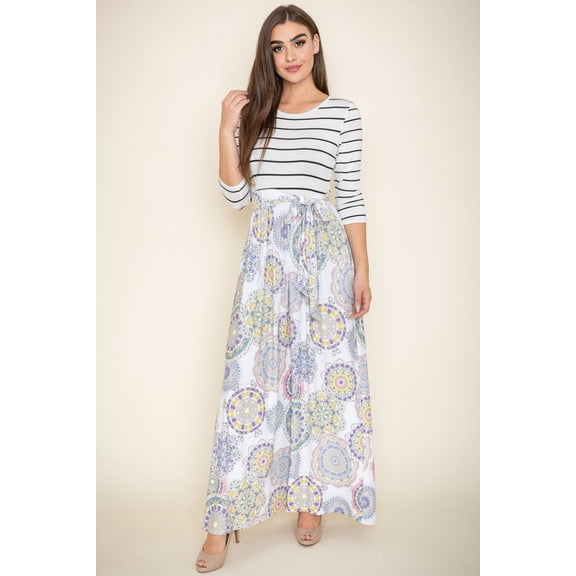 Stripe 3/4 Sleeve Ivory Medallion Sash Maxi Dress