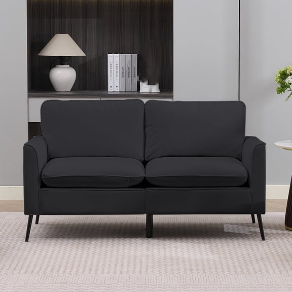 Dtwnek Upholstered Sofa Couch with Metal Frame, Faux Leather Loveseat Sofa for Living Room, Bedroom, Office, Black