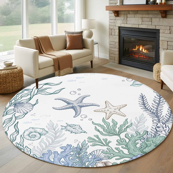 Round Area Rugs Collection 5 Ft, Watercolor Marine Coral Non-Slip Residential Carpet, Nautical Coastal Starfish Conch Shell Indoor Crawling Mats Runner Rugs for Living Room/Dining Room/Bedroom